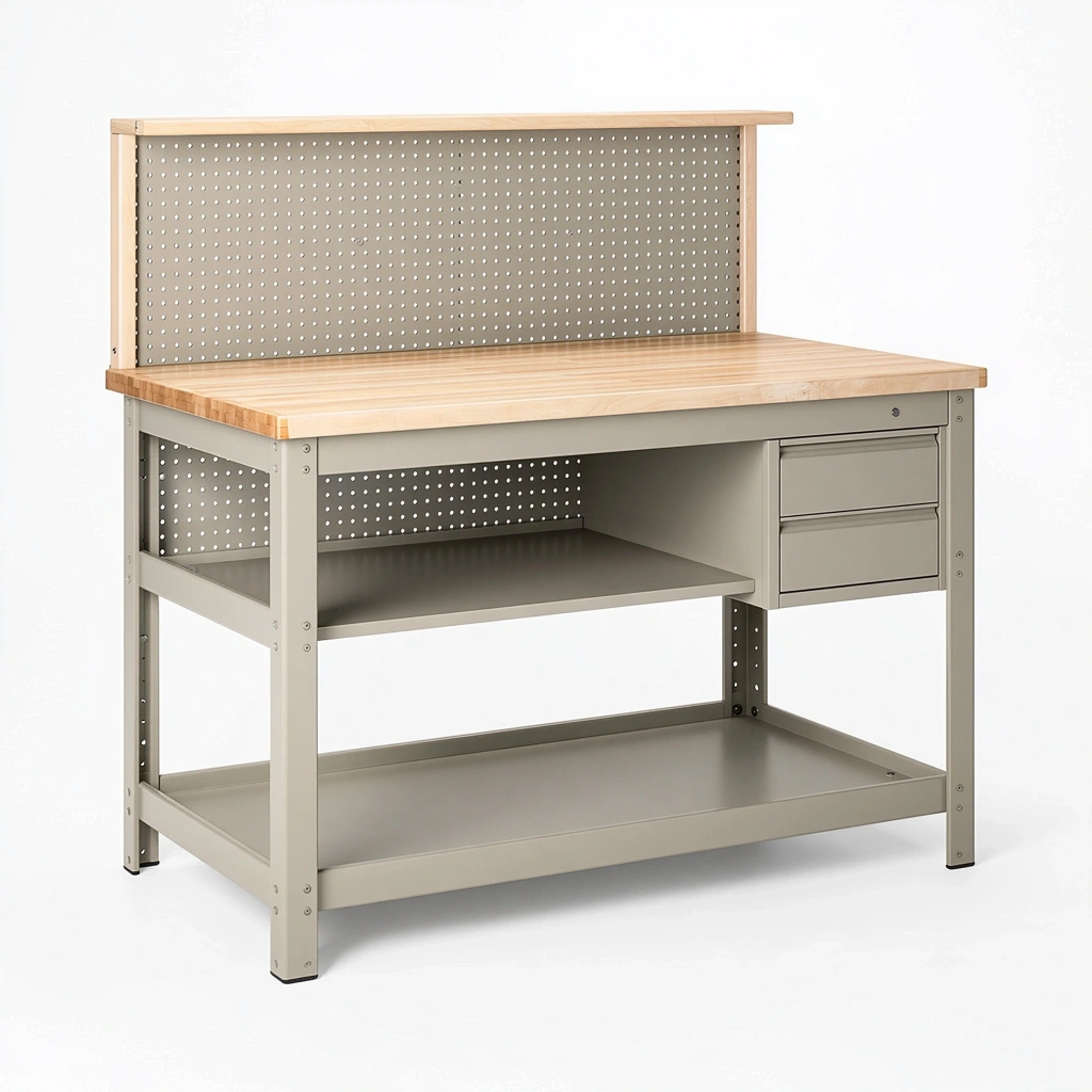 Stół warsztatowy 120 x 60 x 150 cm ze stali i drewna taupe z perforowaną ścianką