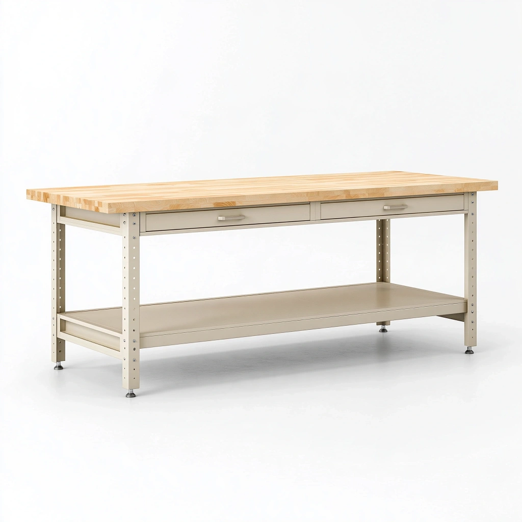 Stół warsztatowy 152 x 61 x 86 cm z drewnianym blatem beżowo-naturalny z 2 szufladami