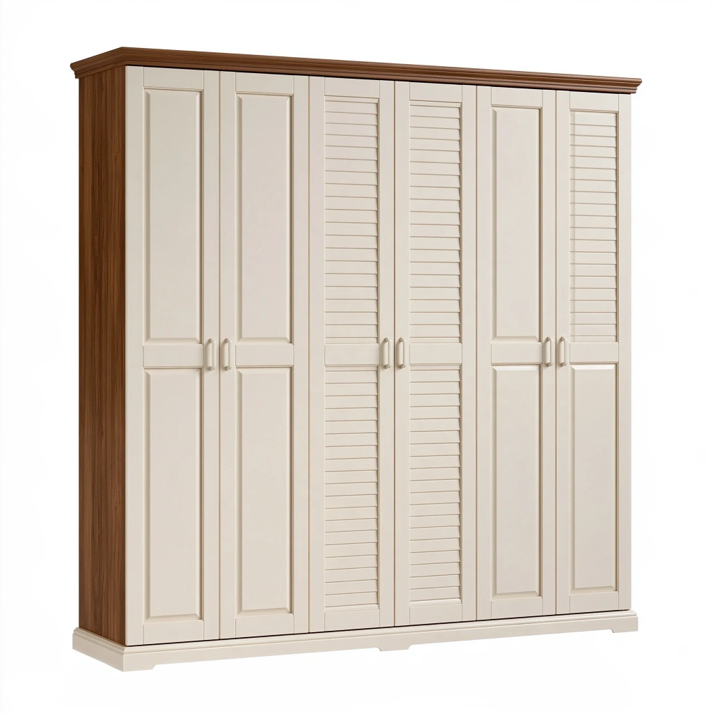 Szafa 6-drzwiowa 270 x 60 x 220 cm z płyty meblowej kremowa orzechowa do sypialni klasyczna