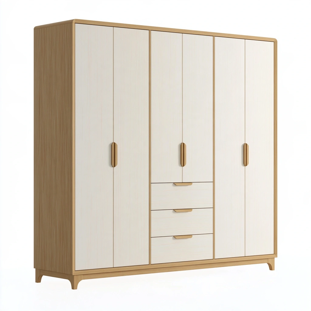 Szafa garderobiana 200 x 60 x 210 cm z płyty meblowej biała i dąb - 6 drzwi 3 szuflady