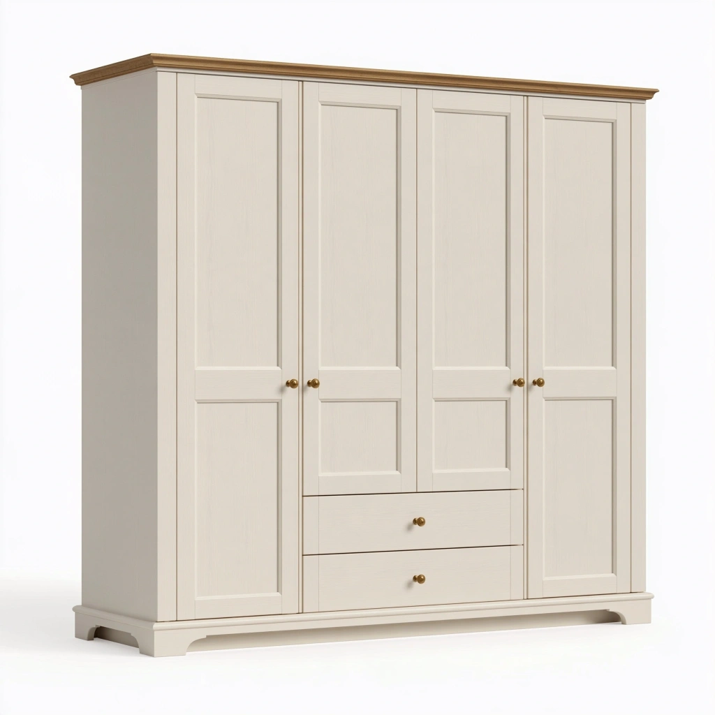 Szafa 200 x 60 x 220 cm z płyty meblowej ecru-orzech klasyczna z 4 drzwiami i 2 szufladami
