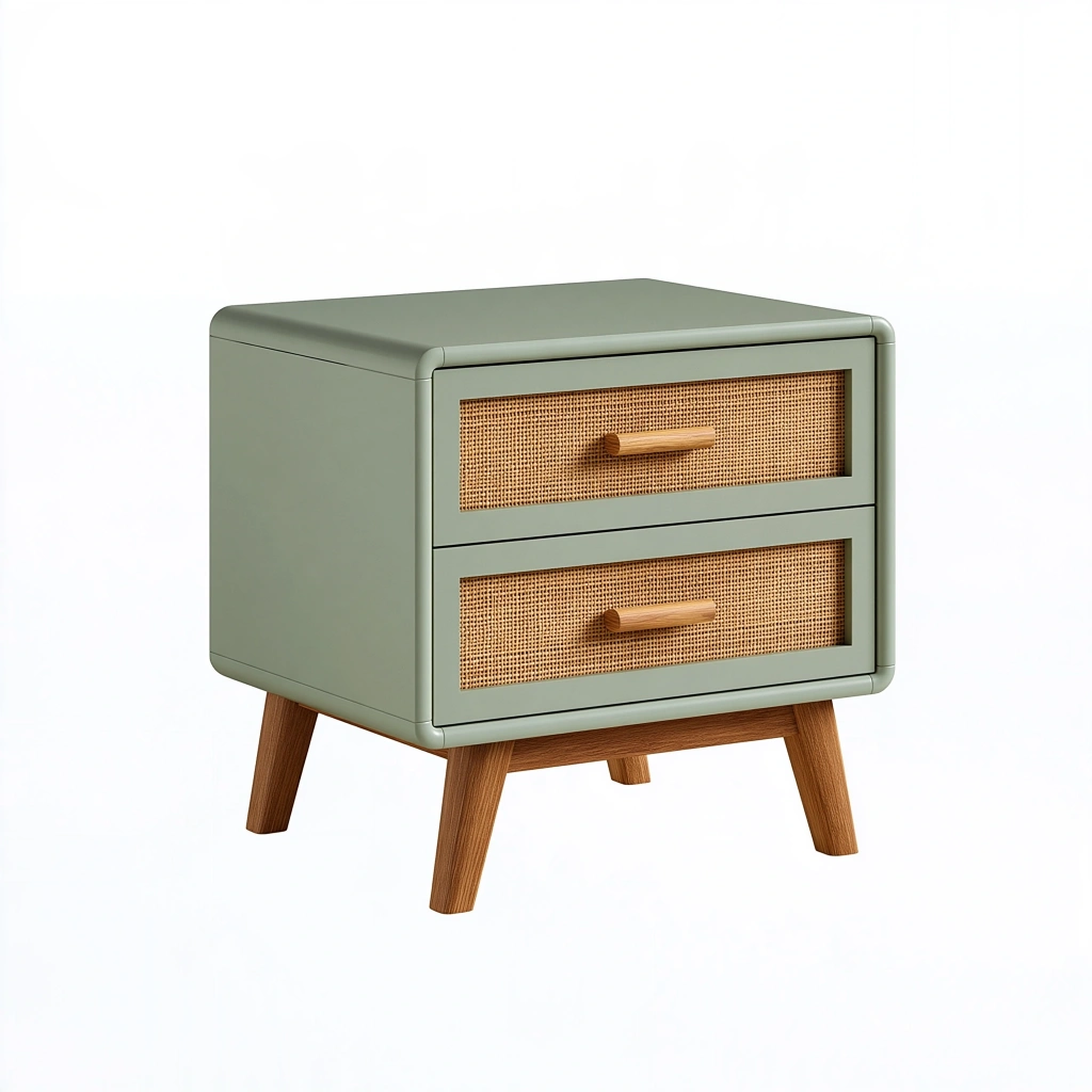 Szafka nocna 50 x 40 x 60 cm z drewna i plecionki rattanowej zielona w stylu retro