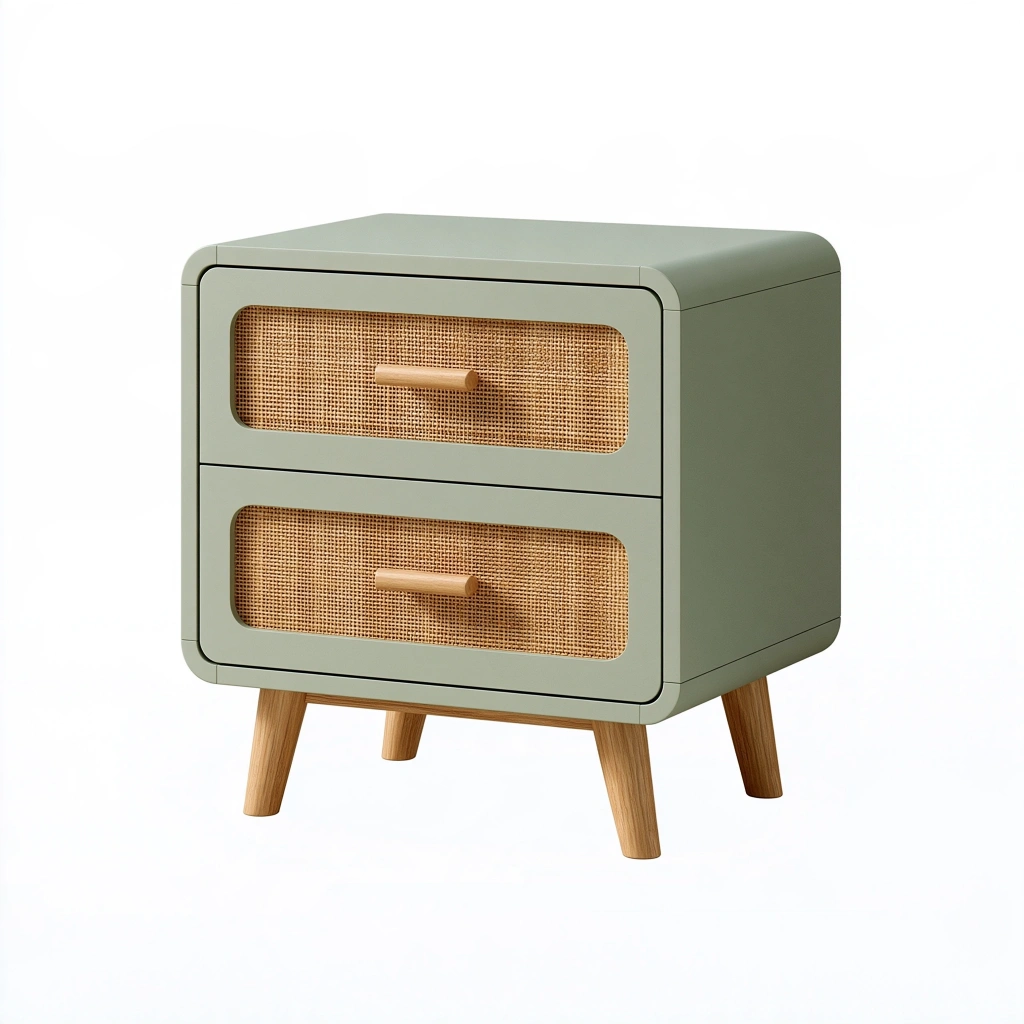 Szafka nocna 60 x 40 x 55 cm zielona z frontami rattanowymi w stylu skandynawskim